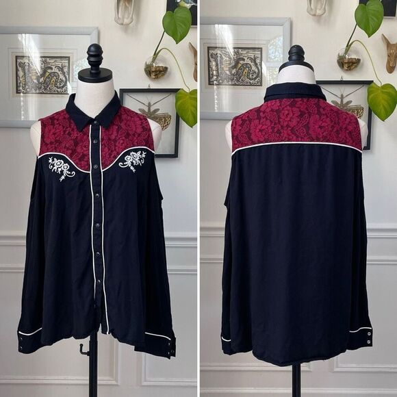 Shyanne Cold Shoulder Western Snap Front Cowgirl Shirt Black Red Lace Embroidere - Picture 2 of 9